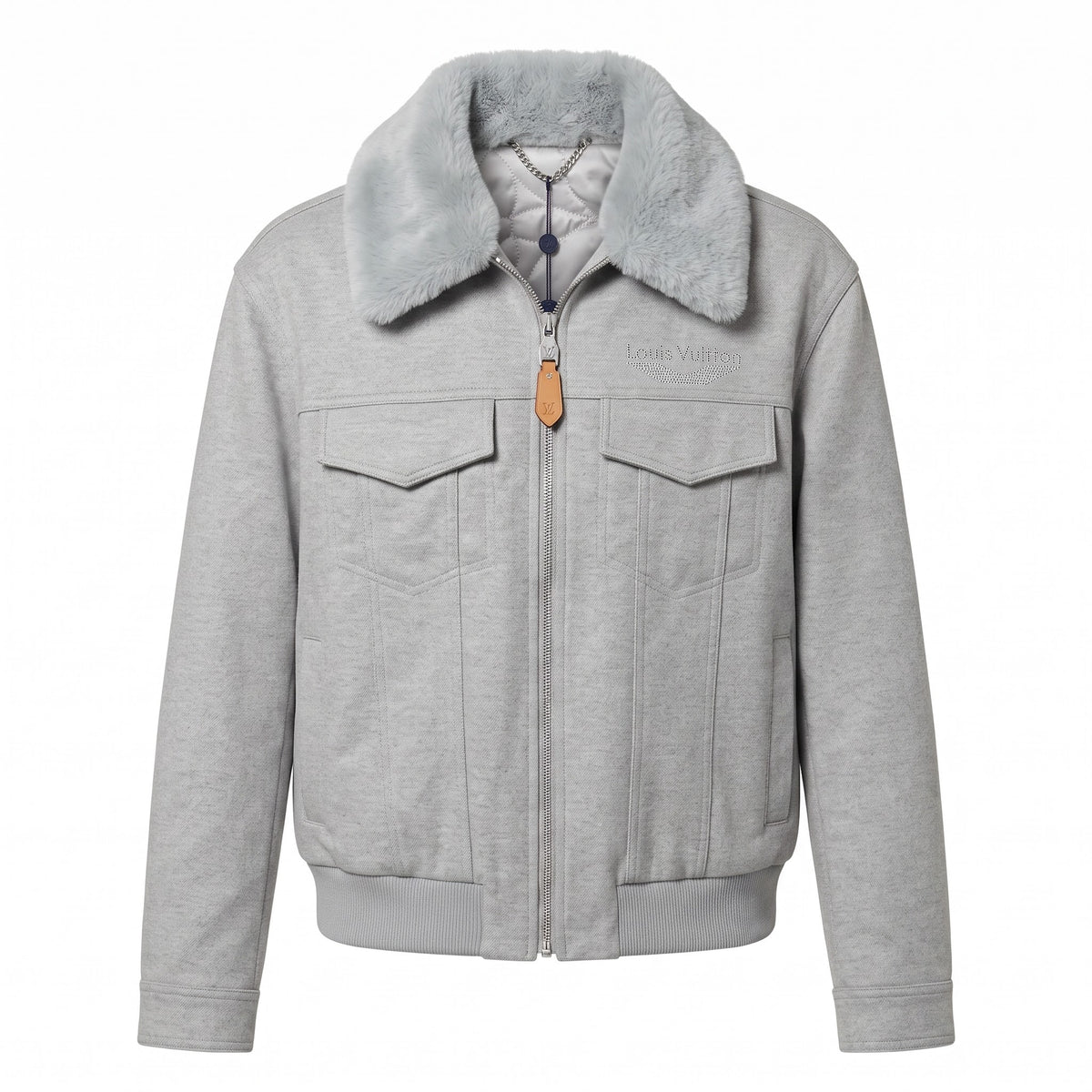LV Grey Plush-Collar Aviator Jacket