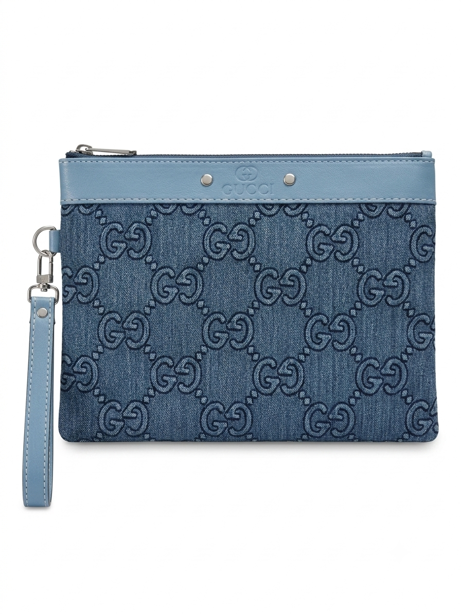 GG Denim Jacquard Leather-Trim Wristlet