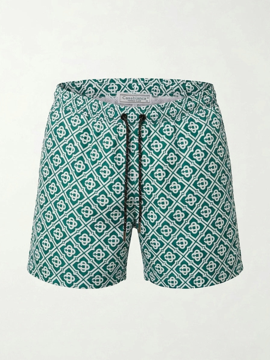 Casa Emerald Geometric Monogram Swim Shorts
