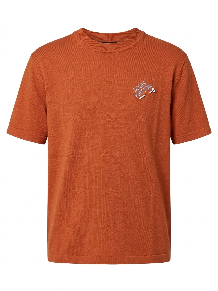 Terracotta Knitted T-Shirt with Embroidered Pin Motif