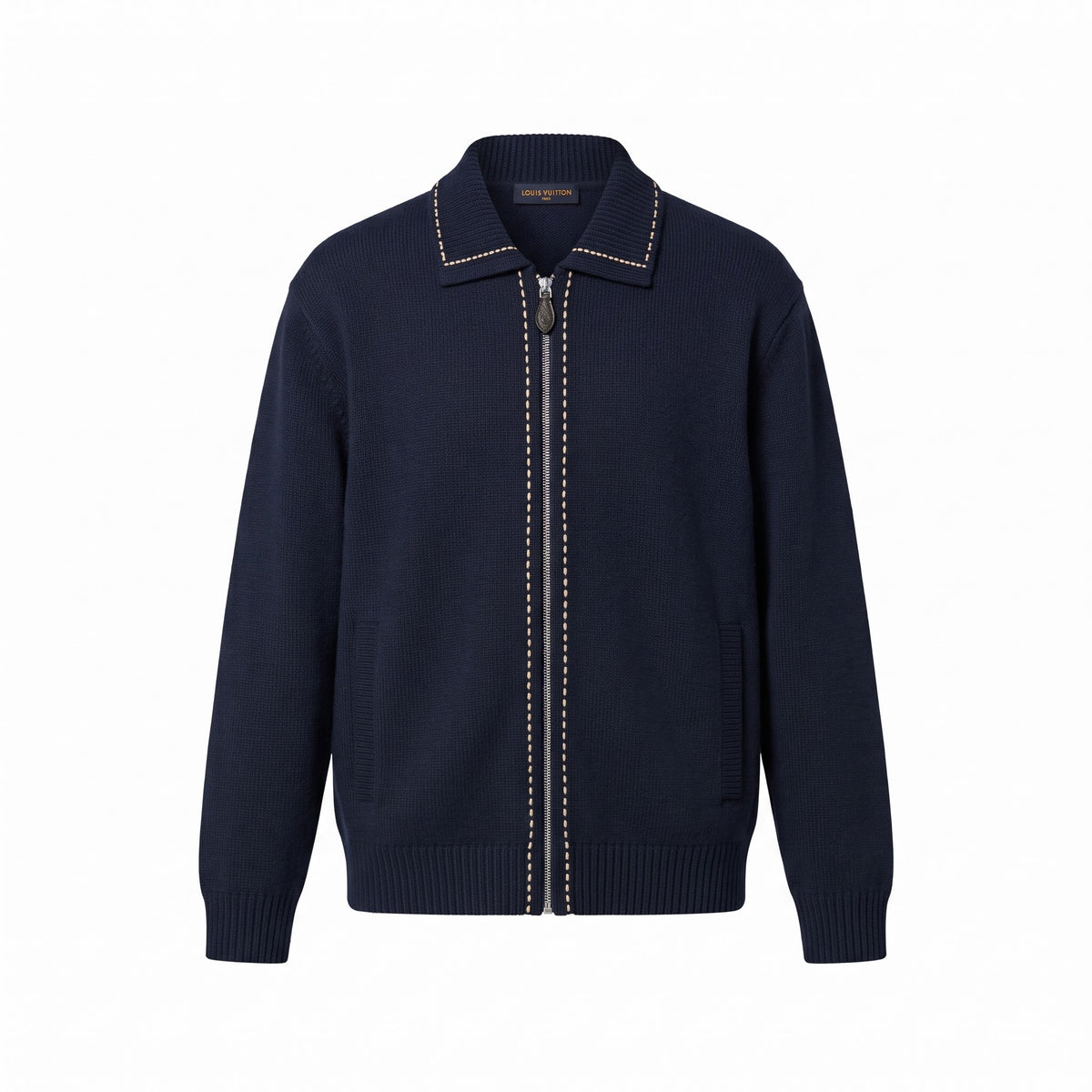 LV Navy Contrast-Stitch Zip Cardigan