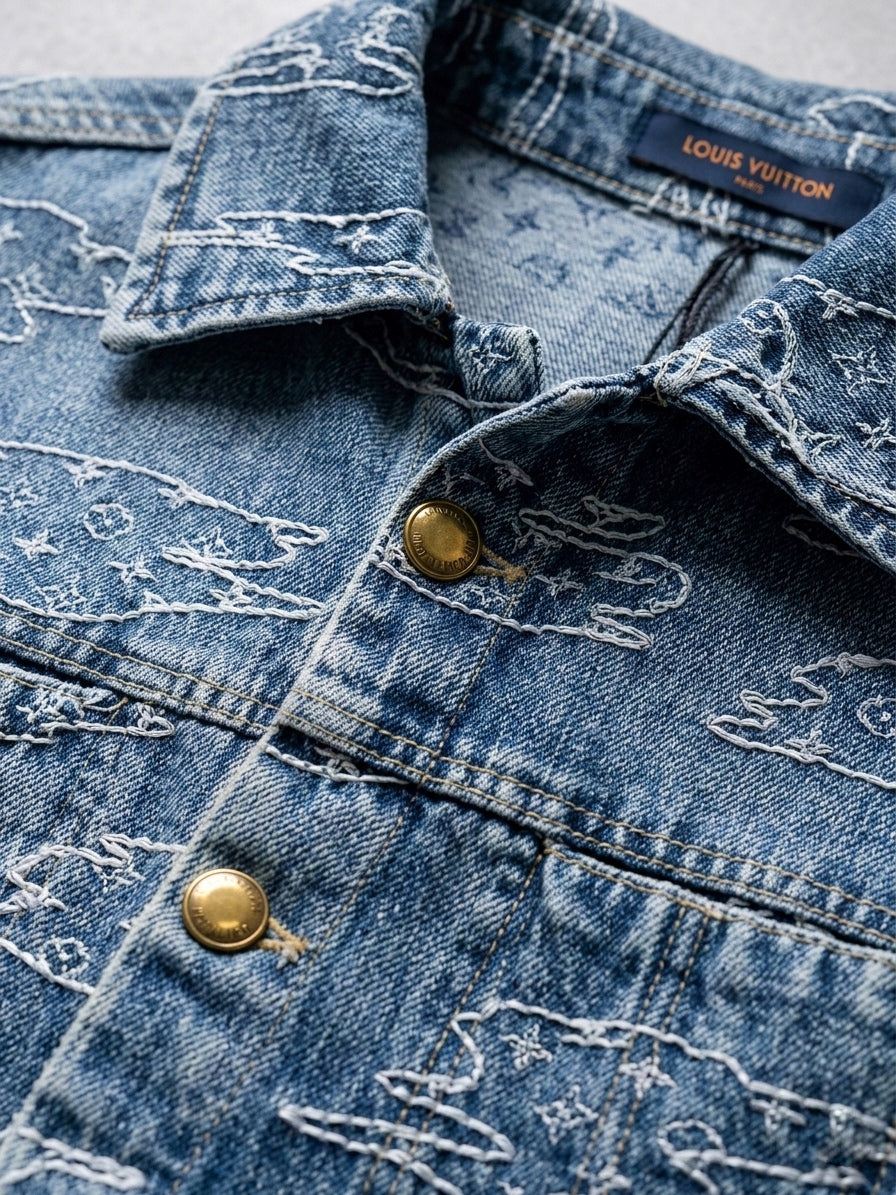 Embroidered Cloud Motif Denim Workwear Jacket