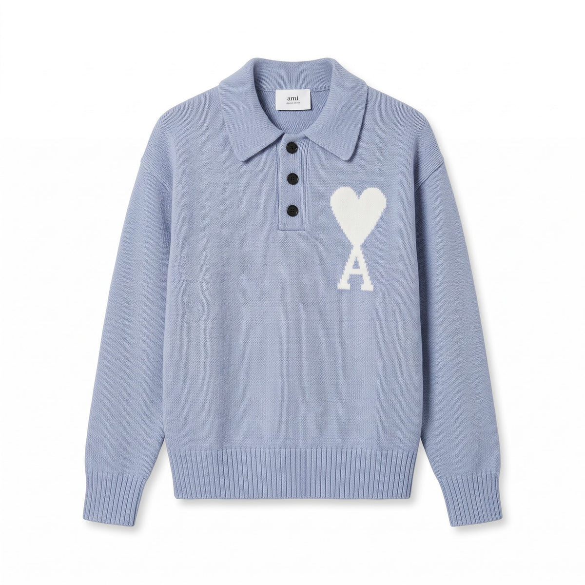 AMI Light Blue Intarsia Heart Polo Sweater