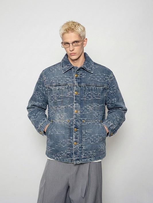 Embroidered Cloud Motif Denim Workwear Jacket