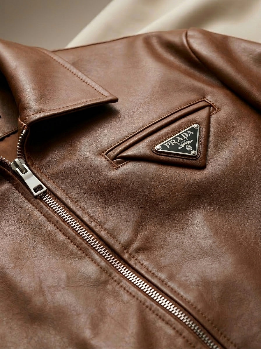 Pd Vintage-Style Brown Faux Leather Bomber Jacket