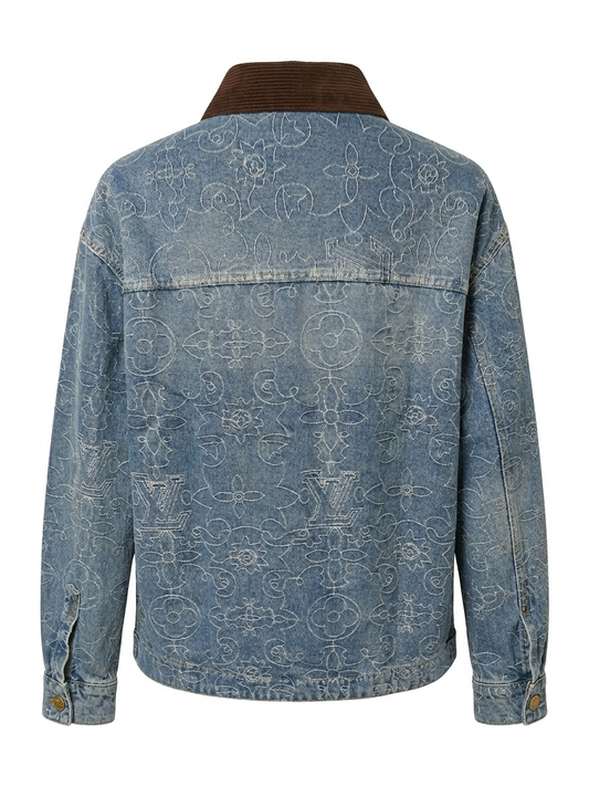 LV Ornamental Monogram Denim Overshirt with Corduroy Collar