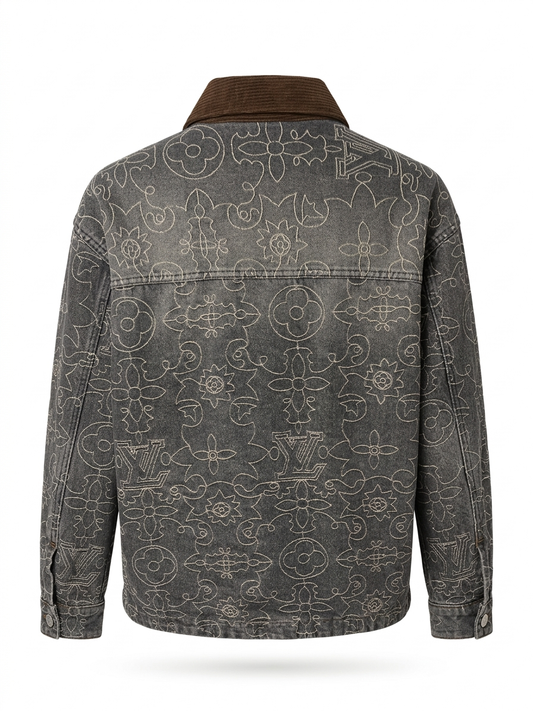 LV Ornamental Monogram Denim Overshirt with Corduroy Collar