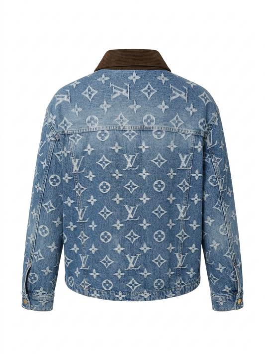 LV Monogram Light-Wash Denim Overshirt with Corduroy Collar