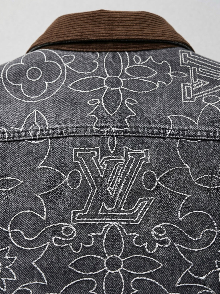 LV Ornamental Monogram Denim Overshirt with Corduroy Collar