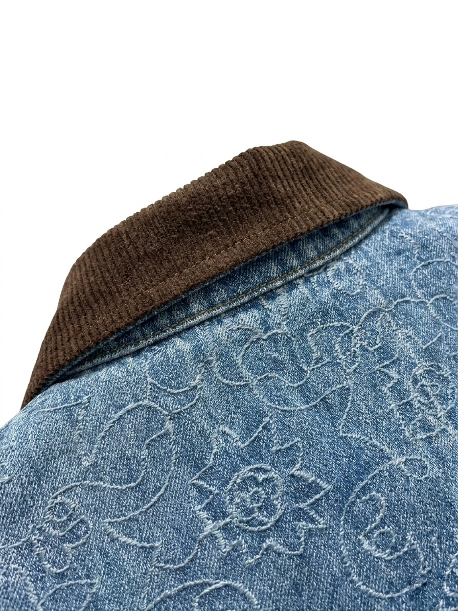 LV Ornamental Monogram Denim Overshirt with Corduroy Collar
