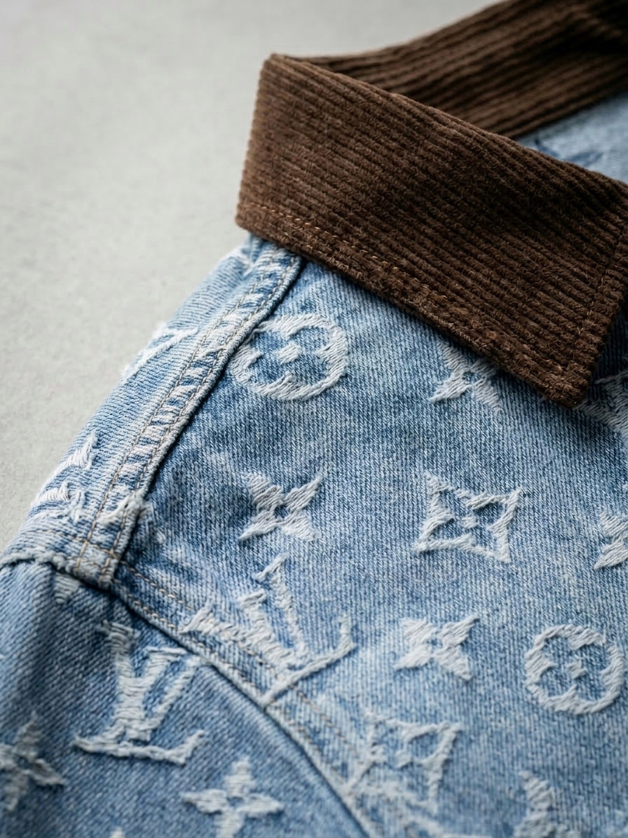 LV Monogram Light-Wash Denim Overshirt with Corduroy Collar