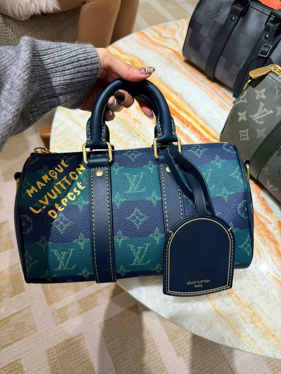 LV Luxury Striped Monogram Barrel Satchel with Painted Lettering Detail