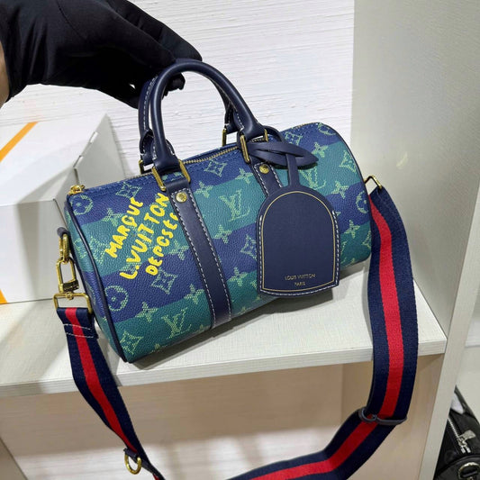 LV Luxury Striped Monogram Barrel Satchel with Painted Lettering Detail