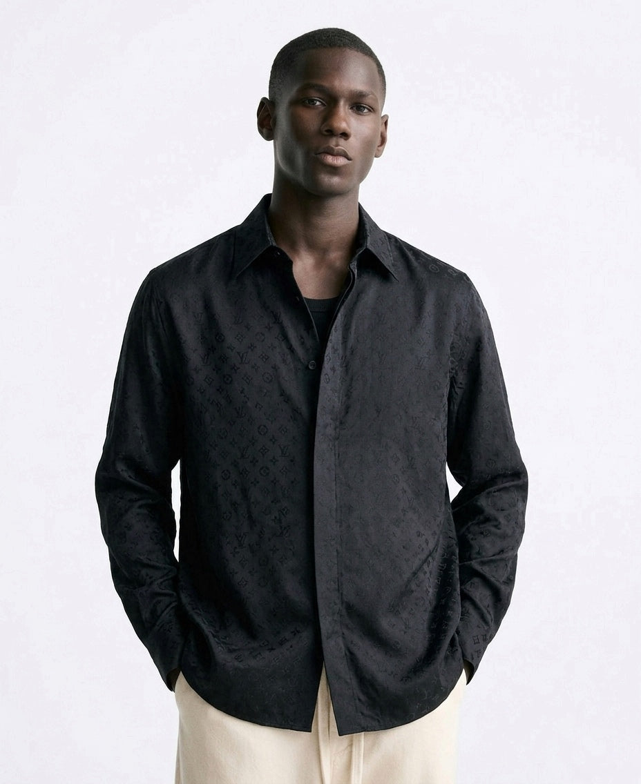 Monogram Jacquard Silk Long-Sleeve Shirt