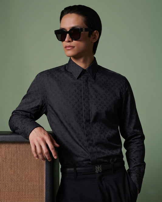 Monogram Jacquard Silk Long-Sleeve Shirt