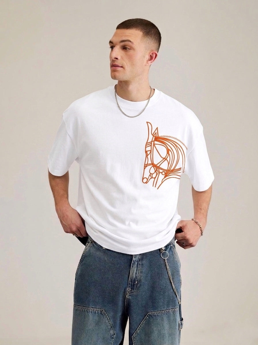 HS Architectural Equine Embroidery Cotton T-Shirt | Crisp White