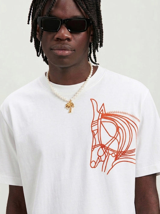 HS Architectural Equine Embroidery Cotton T-Shirt | Crisp White
