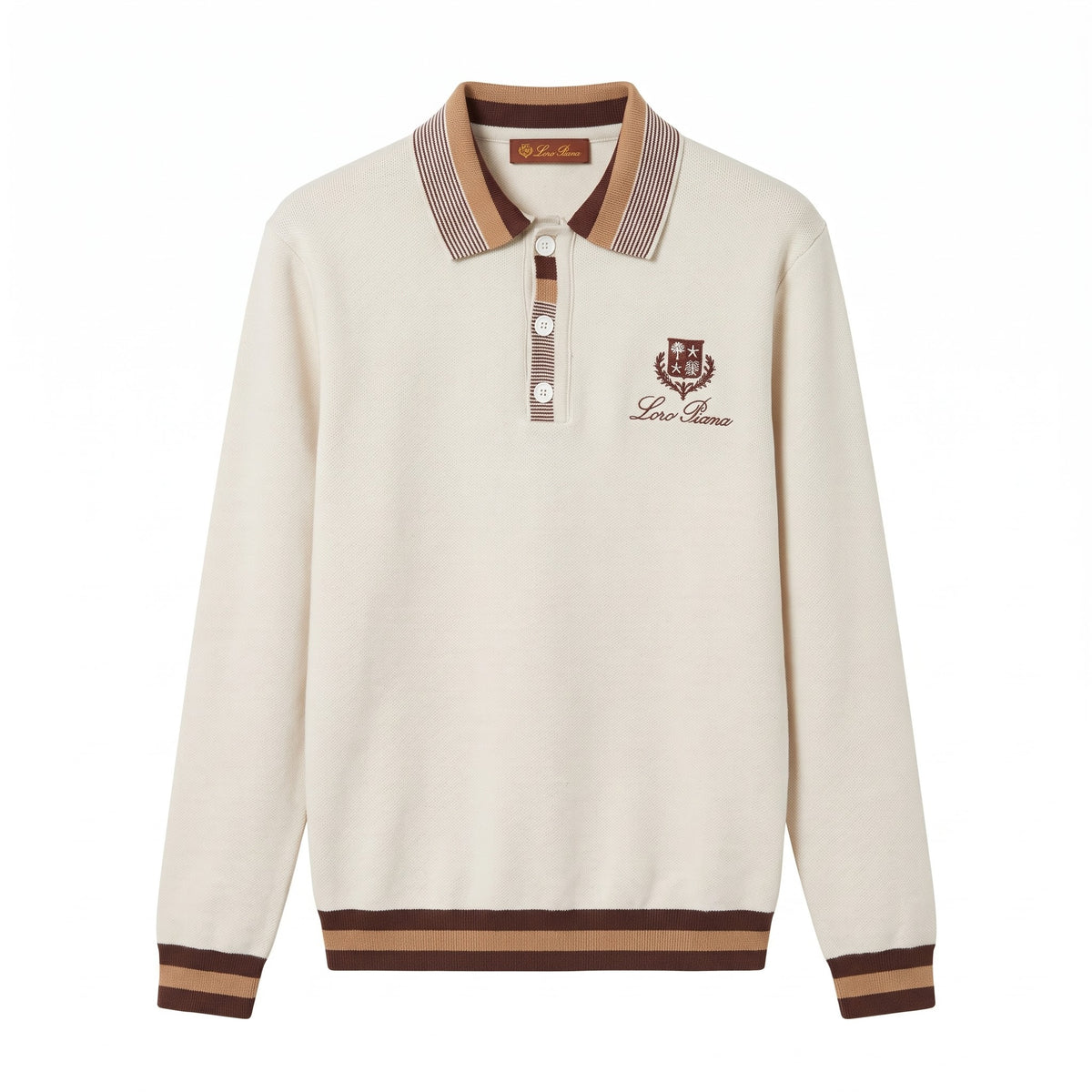 LP Crested Cream Knit Polo with Striped Trims