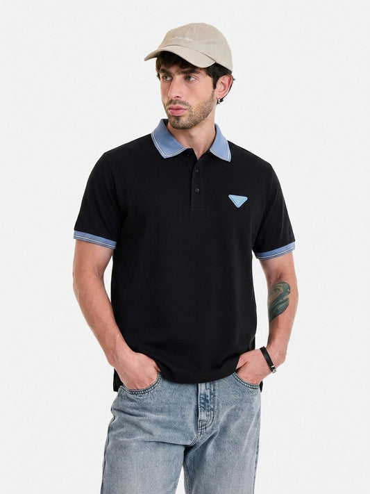 PRD - Signature Tipped Cotton Piqué Polo Shirt, Black & Azure