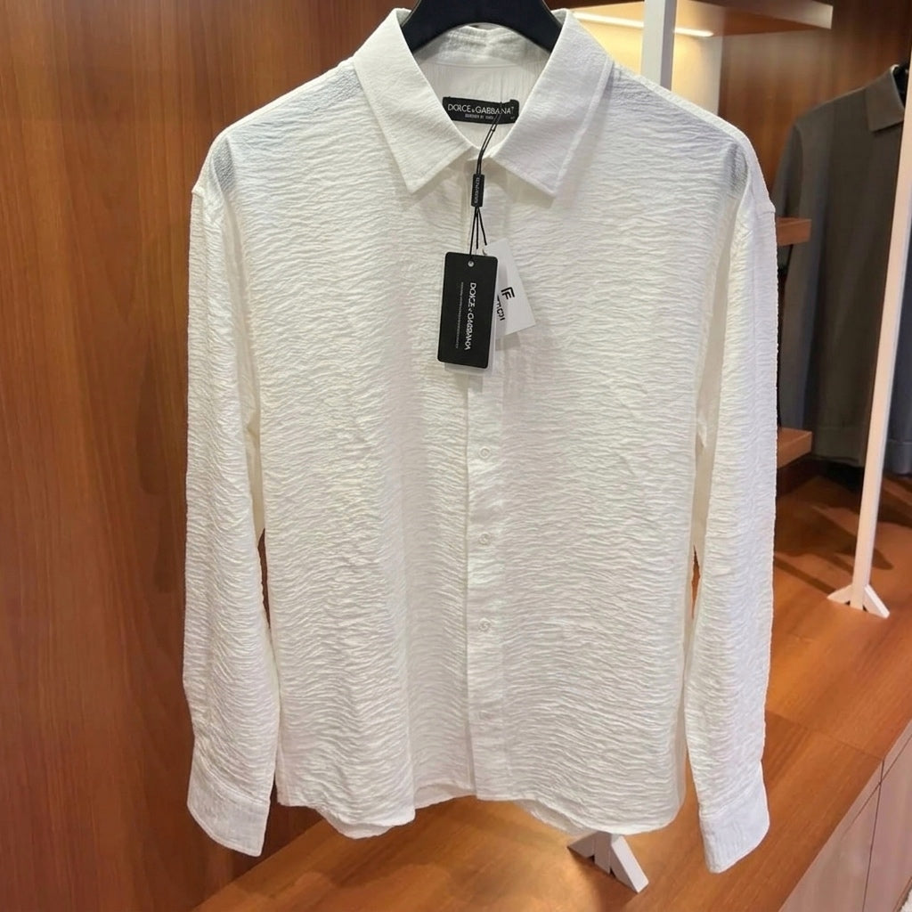 D&G White Textured Linen Long-Sleeve Shirt