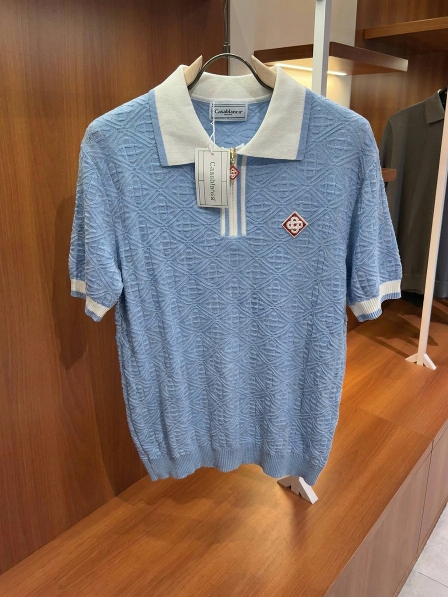 CASA Signature Jacquard Quarter-Zip Polo - Sky Blue