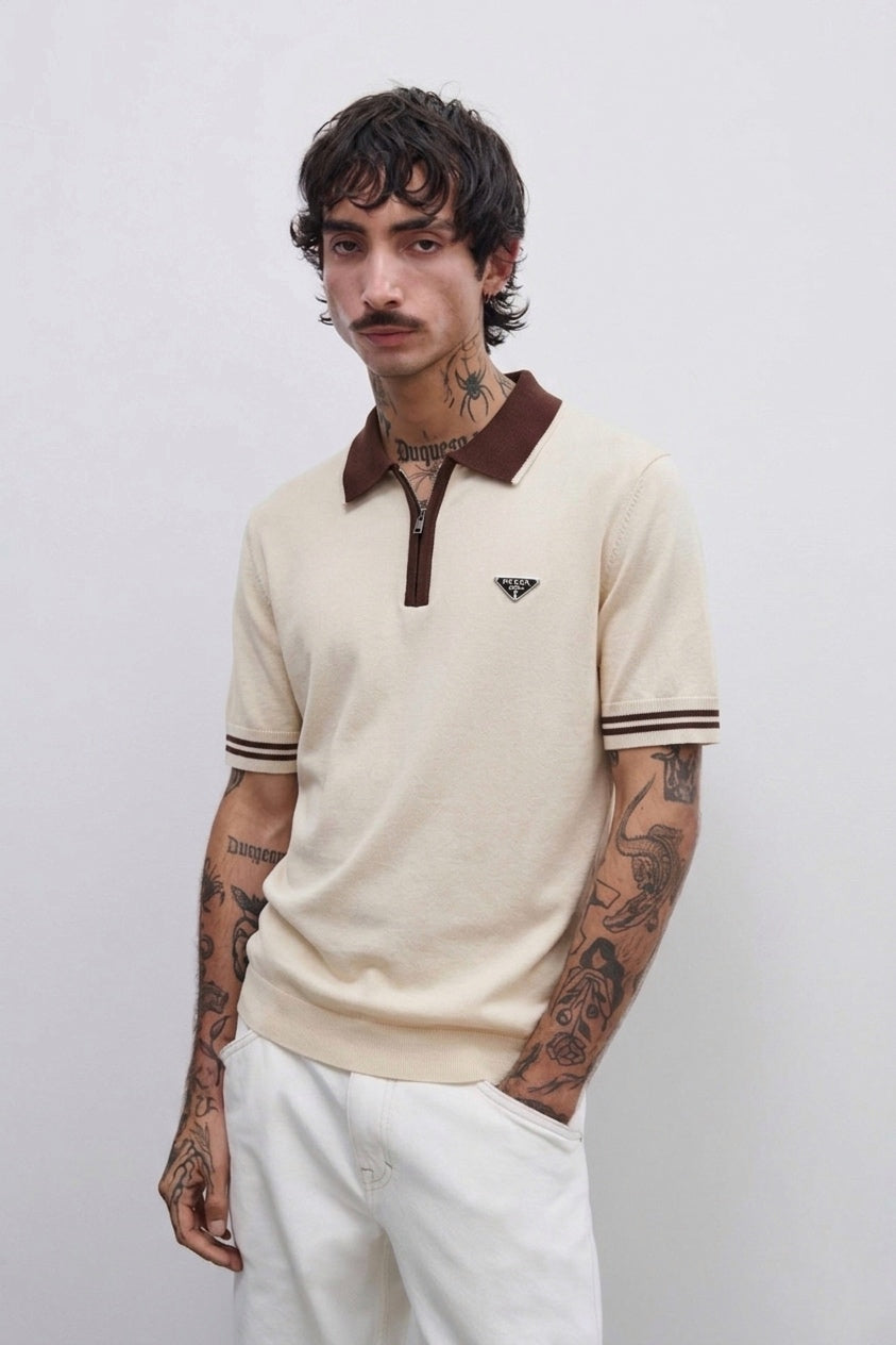 PRD Knit Zip-Up Polo Shirt in Cream & Brown