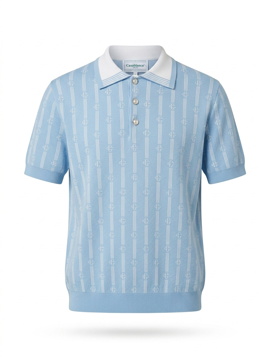 Casa Monogram Jacquard Knit Polo in Sky Blue