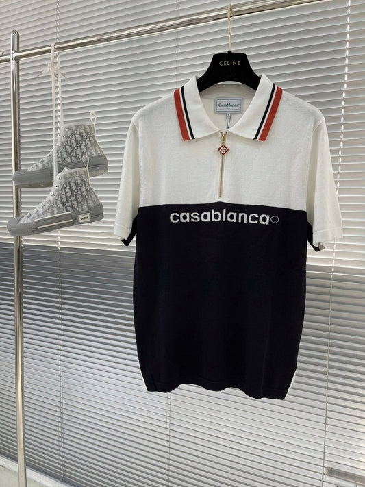 CASA. Two-Tone Intarsia Knit Half-Zip Polo