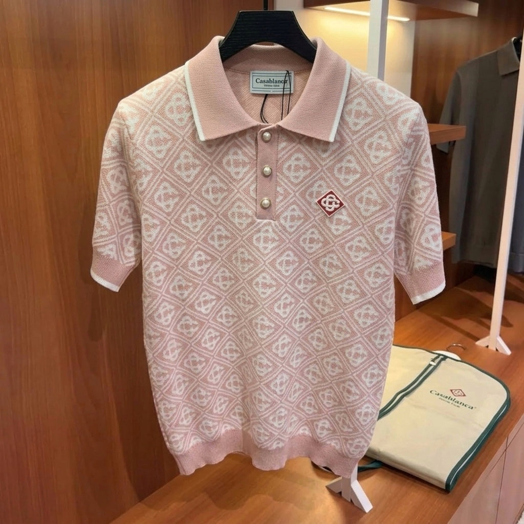 Casa Monogram Jacquard Knit Polo - Rose & Ivory