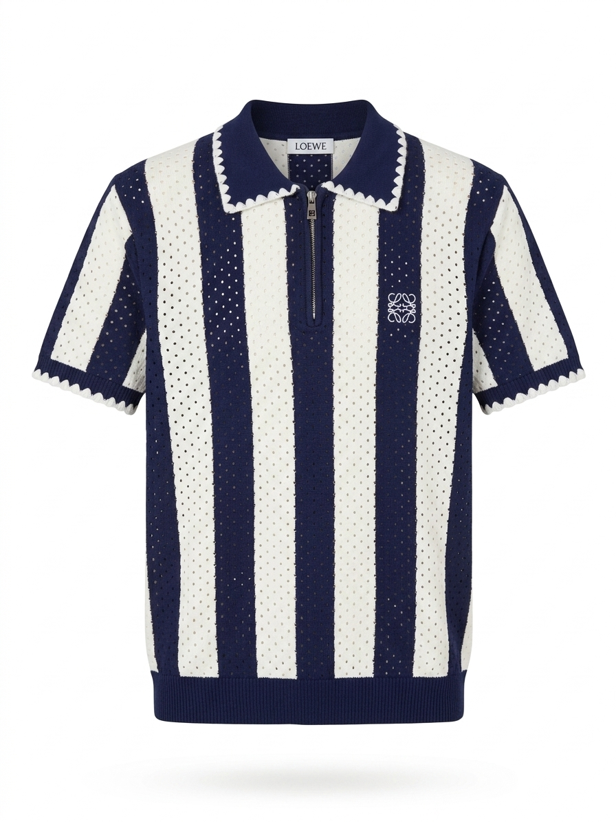 L.W. Striped Pointelle-Knit Half-Zip Polo