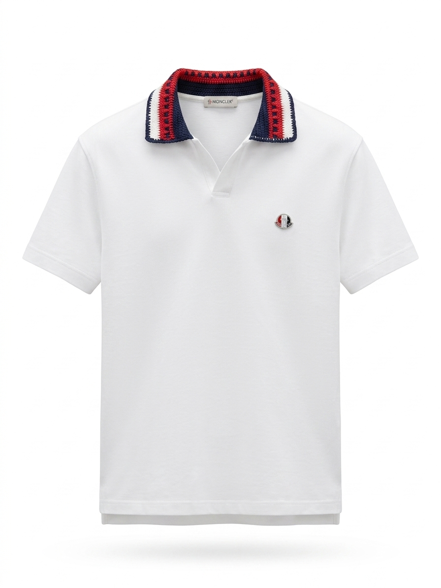 MNCLR Tricolor Crochet-Knit Polo, White
