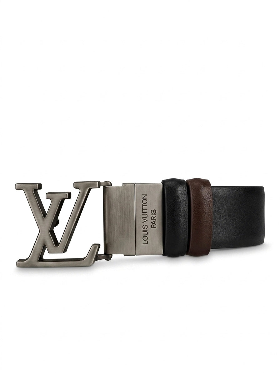 LV Initials Brushed Silver & Leather Belt double sided