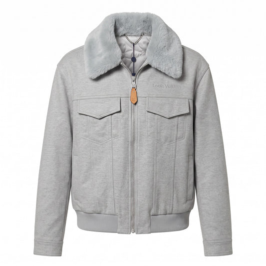LV Grey Plush-Collar Aviator Jacket