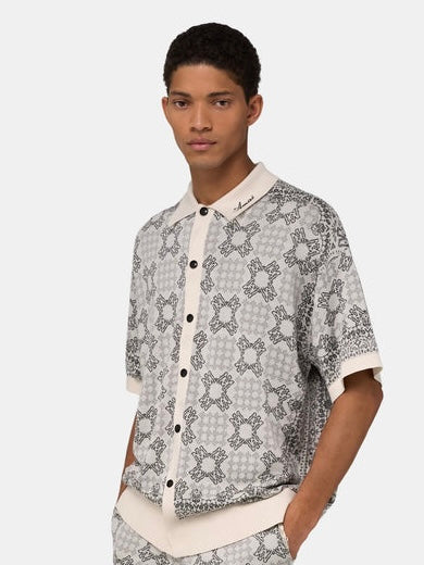 AM Geometric Jacquard Knit Polo in White
