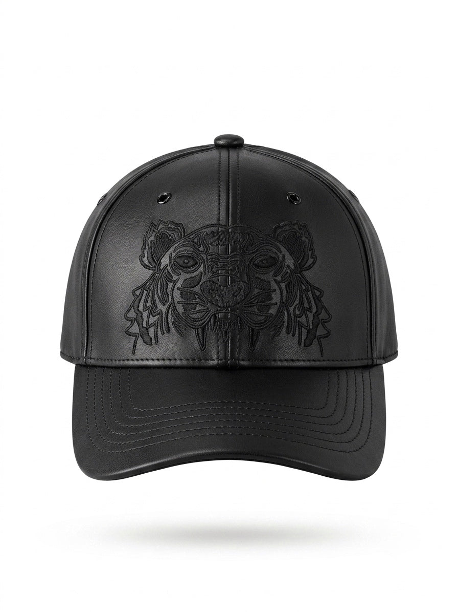 KNZ. Embroidered Leather Tiger Cap in Noir