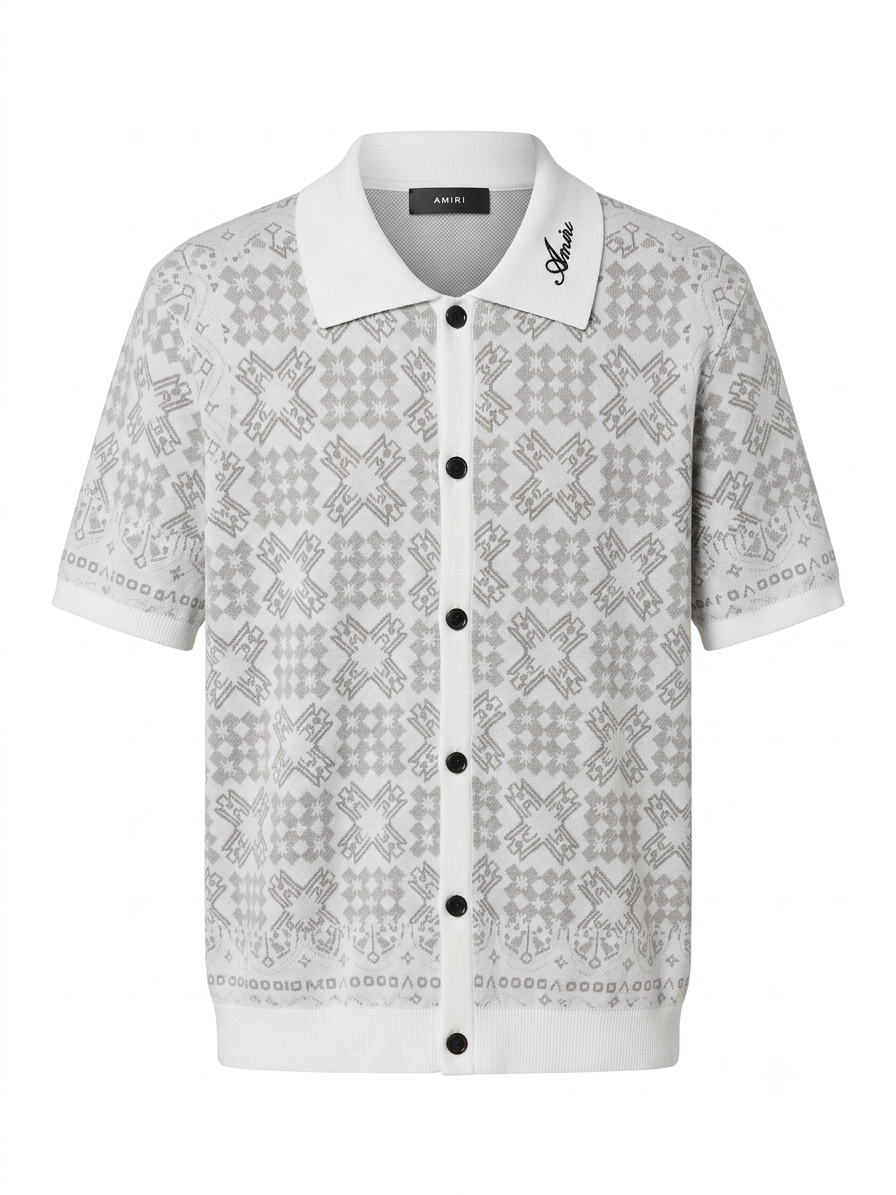 AM Geometric Jacquard Knit Polo in White