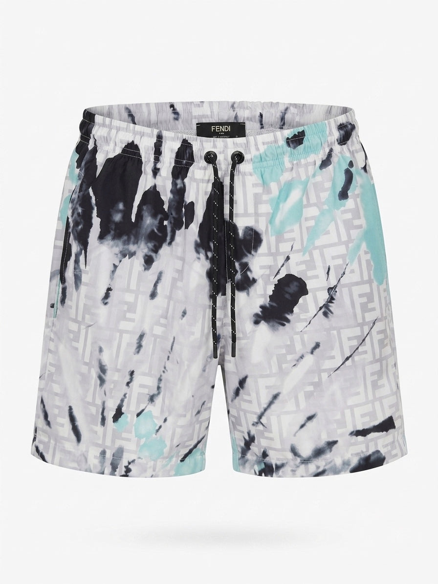 F. Abstract Monogram Swim Trunks