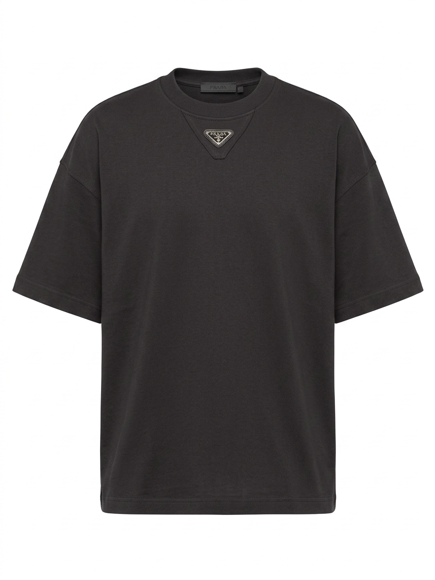The P. Signature-Emblem Oversized Tee in Deep Charcoal.