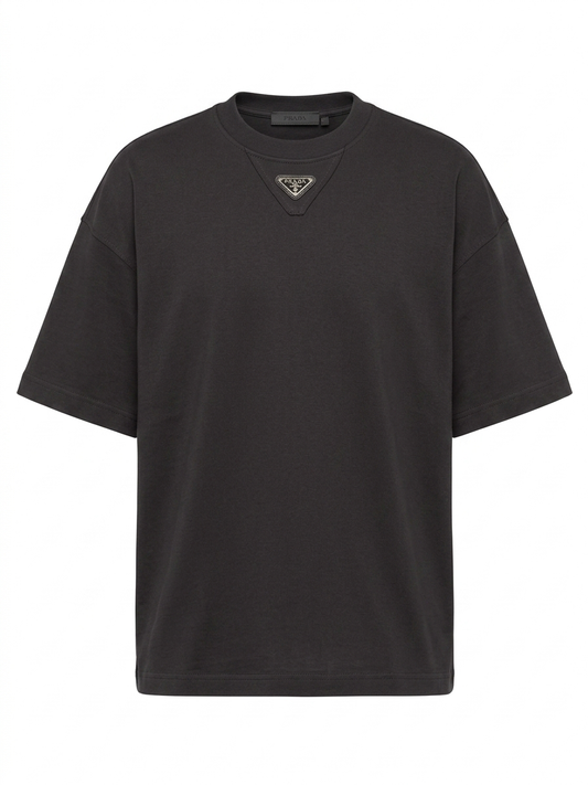 The P. Signature-Emblem Oversized Tee in Deep Charcoal.