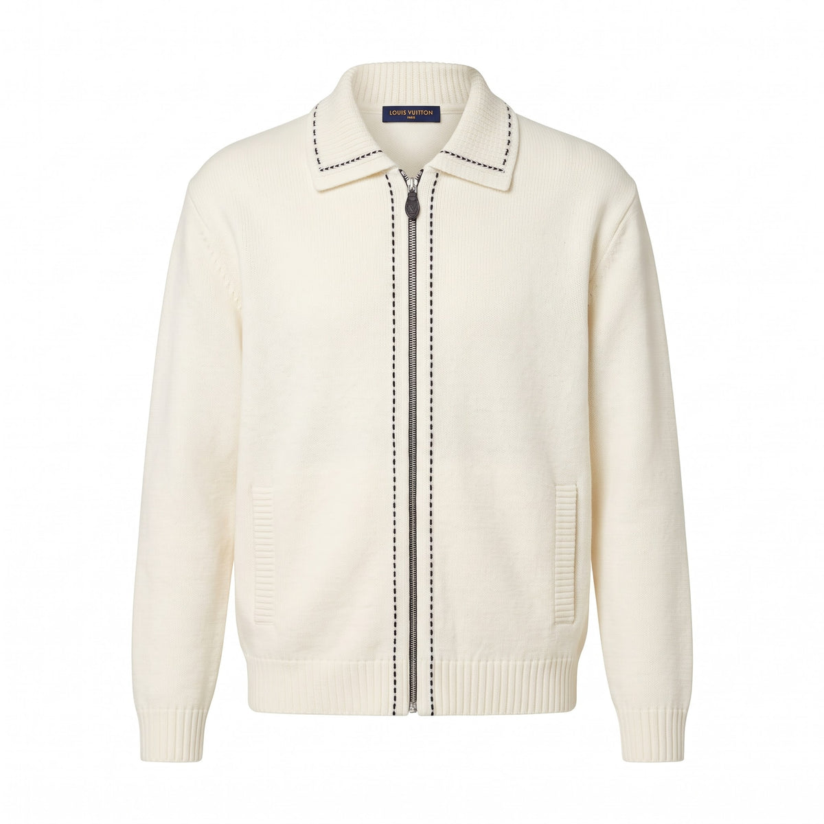 LV Cream Contrast-Stitch Zip Cardigan