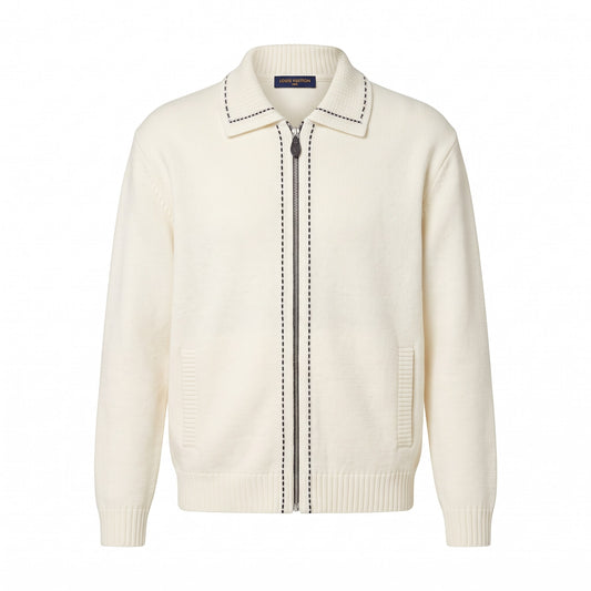 LV Cream Contrast-Stitch Zip Cardigan