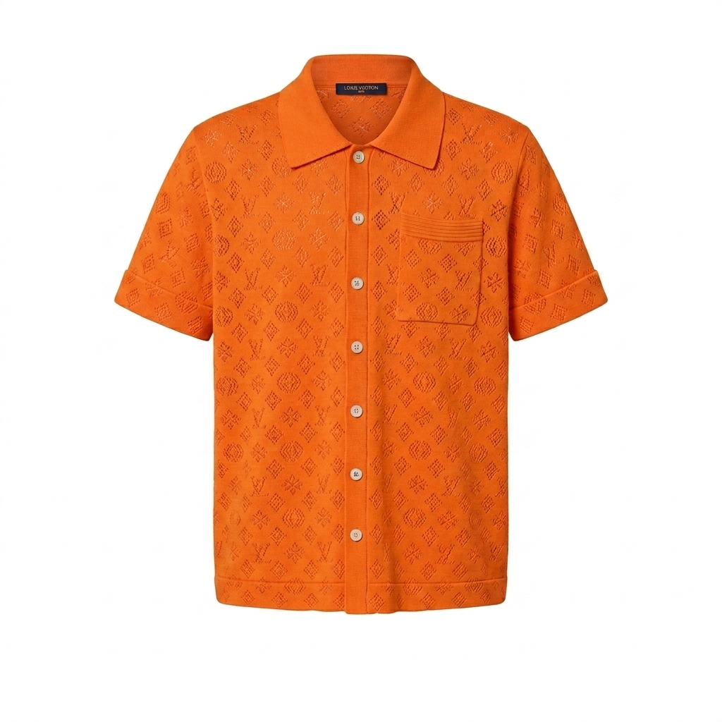 L.V. Mandarin Monogram Pointelle Knit Shirt