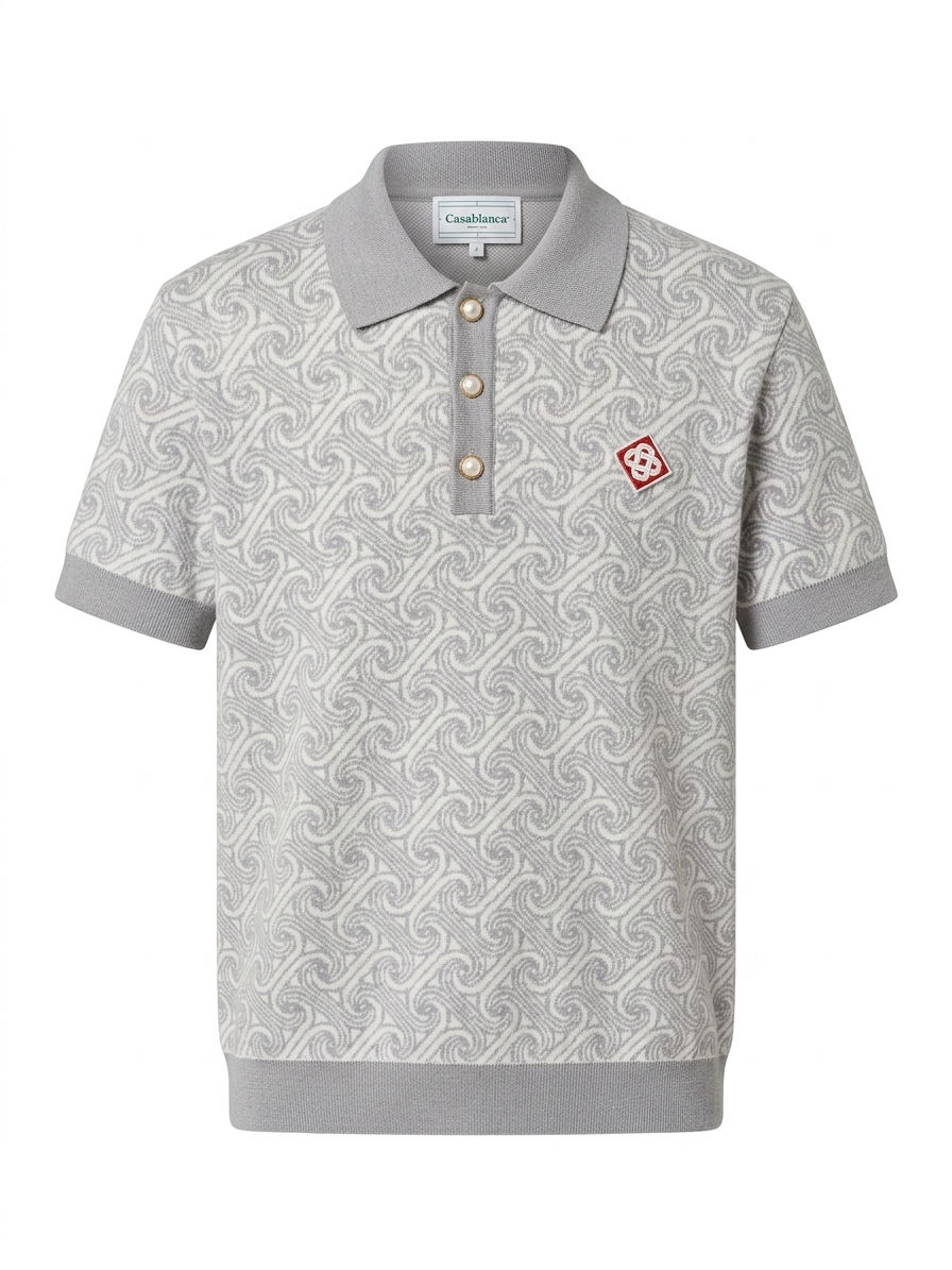 CASA Intarsia Swirl Monogram Knit Polo with Pearl Buttons