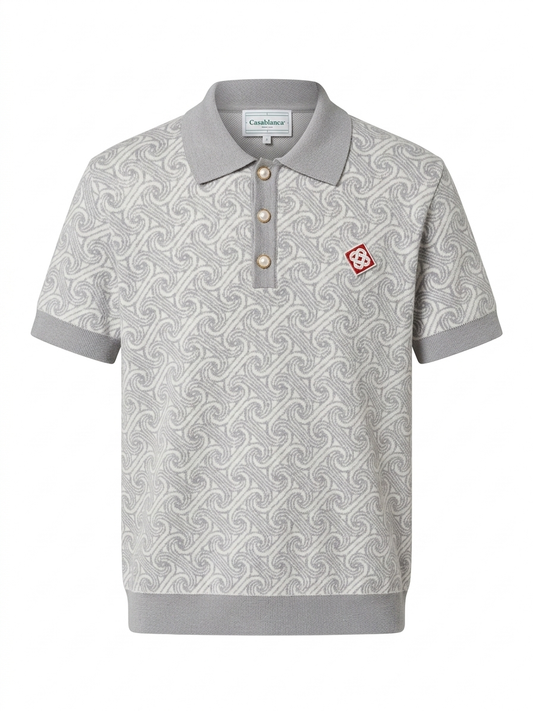 CASA Intarsia Swirl Monogram Knit Polo with Pearl Buttons