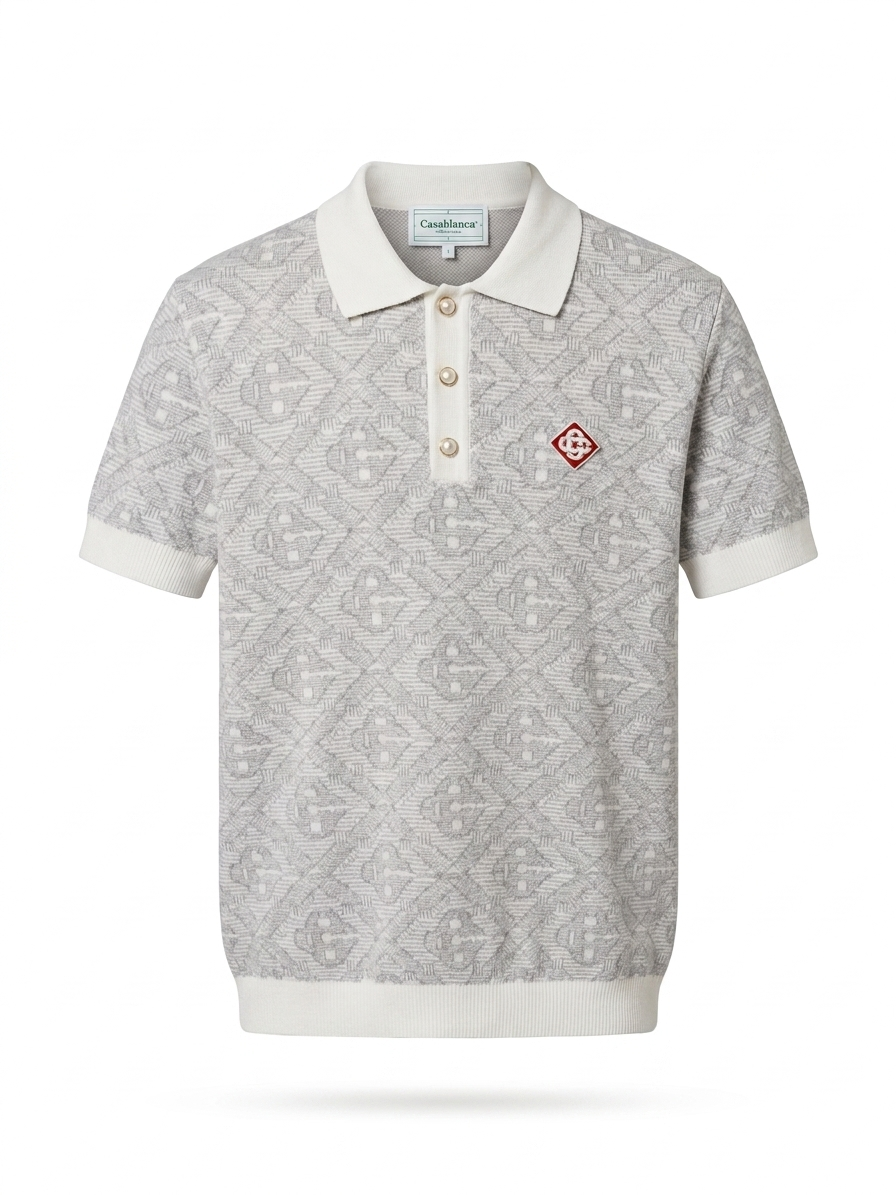 CASA Diamond Jacquard Tennis Polo with Pearl Buttons