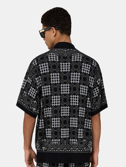AM Geometric Jacquard Knit Polo in Black