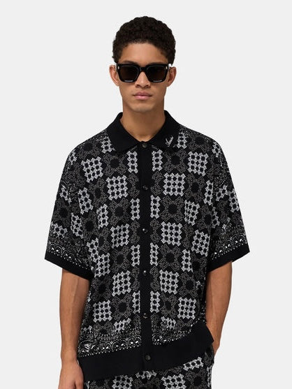 AM Geometric Jacquard Knit Polo in Black