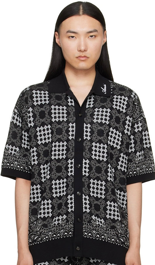 AM Geometric Jacquard Knit Polo in Black