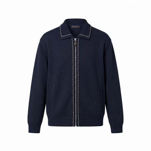 LV Navy Contrast-Stitch Zip Cardigan