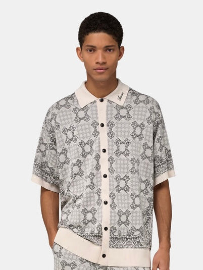 AM Geometric Jacquard Knit Polo in White
